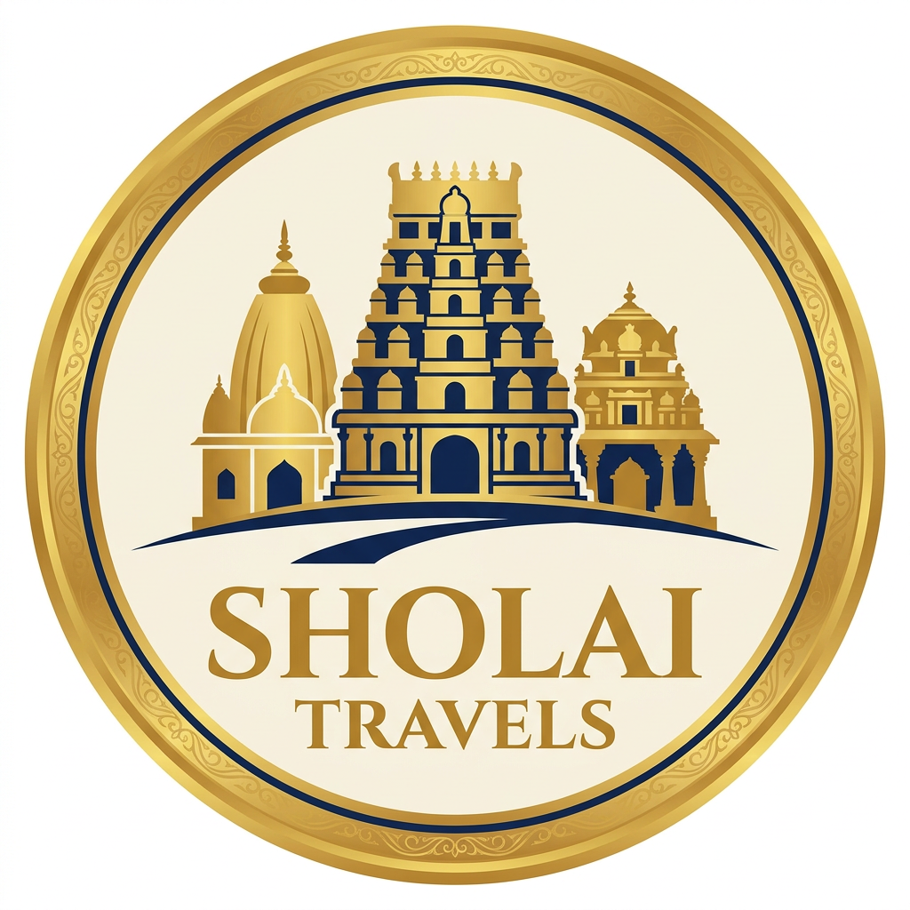 AI Design for Design a bold, premium and timeless circular logo for an Indian temple-tourism travel company named “SHOLAI TRAVELS”.

The brand specializes in temple tourism across India, targeting primarily 40+ mass-market Indian travelers, so the identity should feel trustworthy, prestigious, culturally rooted, traditional and royal, rather than youthful or overly luxurious.

Create a clean circular emblem with a strong royal golden circular border. Inside the circle, create a simplified, elegant silhouette/illustration of 2–3 iconic Indian temple architectural forms, arranged in layers to suggest the richness and diversity of Indian temple tourism. Use recognizable Indian temple elements such as a South Indian gopuram, a central temple sanctum/shikhara and a traditional temple structure, but keep them stylized and simplified rather than photorealistic.

The temples should visually rise upward behind the typography, creating a sense of journey, heritage and spiritual exploration. Avoid using detailed photographic temple images.

Color palette:

Royal Gold / Antique Gold — primary
Deep Navy Blue — secondary
Warm Ivory Stone — background/accent
Use gold strategically for the temple architecture and circular frame, with navy providing strong contrast.

Place “SHOLAI” prominently in bold, elegant uppercase lettering, with “TRAVELS” smaller beneath it. Typography should feel strong, traditional and highly legible, suitable for a 40+ audience and mass-market travel business.

The entire composition must remain compact and balanced inside a perfect circle, designed to work beautifully on travel pamphlets, social media videos, profile pictures, vehicle branding and printed materials.

Style: bold, royal Indian heritage, minimal, emblematic, sophisticated, culturally authentic, clean vector logo, strong silhouette, flat colors, subtle architectural detailing, professional Indian travel brand identity.

Avoid: gradients, excessive ornamentation, photorealistic temples, crowded scenery, mountains, airplanes, suitcases, generic travel icons, excessive religious symbolism, 3D effects, shadows, overly thin lines, clip-art appearance, and complicated details.

White/ivory background, centered composition, symmetrical circular badge, professional vector logo, high-end branding presentation.