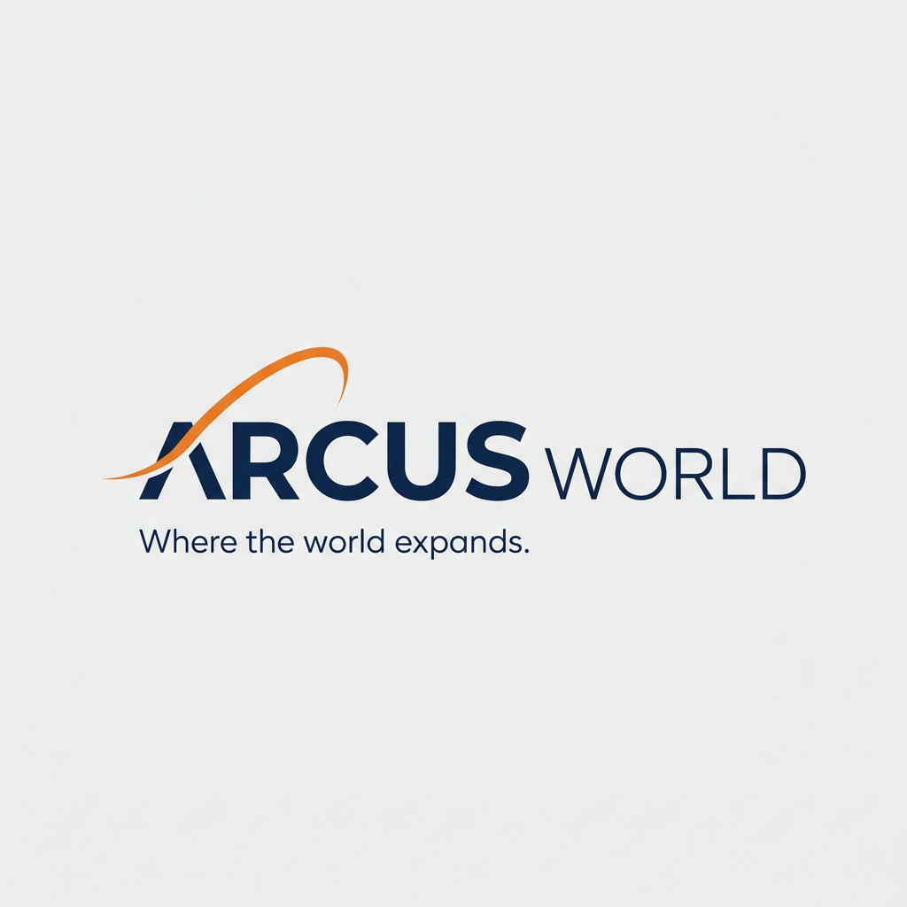 AI Design for Design a minimal, premium typographic logo for “ARCUS WORLD”, a global travel company serving corporate and SME clients. The brand tagline is “Where the world expands.”

Create a sophisticated, modern identity that communicates global reach, expansion, movement, connection, and limitless possibilities without using cliché travel symbols such as airplanes, globes, suitcases, or location pins.

The core visual concept should subtly combine an ARC and the WORLD concept. Explore a refined geometric arc, orbital curve, expanding circular form, or negative-space structure integrated intelligently into the typography or positioned as a minimal brand symbol. The arc should suggest expansion beyond boundaries and connecting different parts of the world.

Typography: premium contemporary sans-serif, clean geometric proportions, strong spacing, elegant and corporate. Make ARCUS WORLD the primary focus, with the possibility of emphasizing ARCUS while keeping WORLD lighter or more refined.

Style: minimal, typographic, subtle, sophisticated, corporate luxury, intelligent, timeless, highly scalable. Avoid excessive details, gradients, 3D effects, complicated illustrations, or generic travel imagery.

Color palette: deep sophisticated navy/deep blue as the dominant color paired with a restrained warm orange accent. Use the orange strategically on the arc/orbital element rather than making the entire logo colorful. Maximum 2–3 colors.

The final logo should work equally well in digital and print, including websites, business cards, corporate stationery, presentations, travel documents, social media, signage, and merchandise.

Deliver: a polished professional logo with a distinctive standalone symbol + wordmark, clean geometric construction, balanced proportions, strong negative space, and a premium global-corporate feel. Show the logo on a clean neutral background with no mockup, no unnecessary decorative elements, and no extra text.