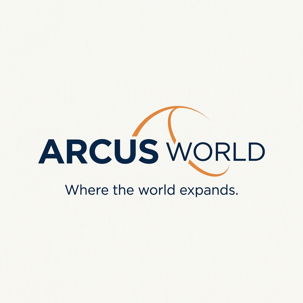 AI Design for Design a minimal, premium typographic logo for “ARCUS WORLD”, a global travel company serving corporate and SME clients. The brand tagline is “Where the world expands.”

Create a sophisticated, modern identity that communicates global reach, expansion, movement, connection, and limitless possibilities without using cliché travel symbols such as airplanes, globes, suitcases, or location pins.

The core visual concept should subtly combine an ARC and the WORLD concept. Explore a refined geometric arc, orbital curve, expanding circular form, or negative-space structure integrated intelligently into the typography or positioned as a minimal brand symbol. The arc should suggest expansion beyond boundaries and connecting different parts of the world.

Typography: premium contemporary sans-serif, clean geometric proportions, strong spacing, elegant and corporate. Make ARCUS WORLD the primary focus, with the possibility of emphasizing ARCUS while keeping WORLD lighter or more refined.

Style: minimal, typographic, subtle, sophisticated, corporate luxury, intelligent, timeless, highly scalable. Avoid excessive details, gradients, 3D effects, complicated illustrations, or generic travel imagery.

Color palette: deep sophisticated navy/deep blue as the dominant color paired with a restrained warm orange accent. Use the orange strategically on the arc/orbital element rather than making the entire logo colorful. Maximum 2–3 colors.

The final logo should work equally well in digital and print, including websites, business cards, corporate stationery, presentations, travel documents, social media, signage, and merchandise.

Deliver: a polished professional logo with a distinctive standalone symbol + wordmark, clean geometric construction, balanced proportions, strong negative space, and a premium global-corporate feel. Show the logo on a clean neutral background with no mockup, no unnecessary decorative elements, and no extra text.