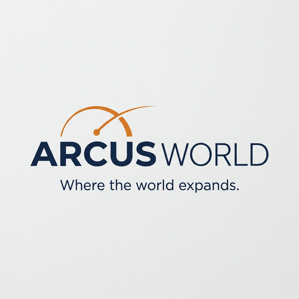AI Design for Design a minimal, premium typographic logo for “ARCUS WORLD”, a global travel company serving corporate and SME clients. The brand tagline is “Where the world expands.”

Create a sophisticated, modern identity that communicates global reach, expansion, movement, connection, and limitless possibilities without using cliché travel symbols such as airplanes, globes, suitcases, or location pins.

The core visual concept should subtly combine an ARC and the WORLD concept. Explore a refined geometric arc, orbital curve, expanding circular form, or negative-space structure integrated intelligently into the typography or positioned as a minimal brand symbol. The arc should suggest expansion beyond boundaries and connecting different parts of the world.

Typography: premium contemporary sans-serif, clean geometric proportions, strong spacing, elegant and corporate. Make ARCUS WORLD the primary focus, with the possibility of emphasizing ARCUS while keeping WORLD lighter or more refined.

Style: minimal, typographic, subtle, sophisticated, corporate luxury, intelligent, timeless, highly scalable. Avoid excessive details, gradients, 3D effects, complicated illustrations, or generic travel imagery.

Color palette: deep sophisticated navy/deep blue as the dominant color paired with a restrained warm orange accent. Use the orange strategically on the arc/orbital element rather than making the entire logo colorful. Maximum 2–3 colors.

The final logo should work equally well in digital and print, including websites, business cards, corporate stationery, presentations, travel documents, social media, signage, and merchandise.

Deliver: a polished professional logo with a distinctive standalone symbol + wordmark, clean geometric construction, balanced proportions, strong negative space, and a premium global-corporate feel. Show the logo on a clean neutral background with no mockup, no unnecessary decorative elements, and no extra text.