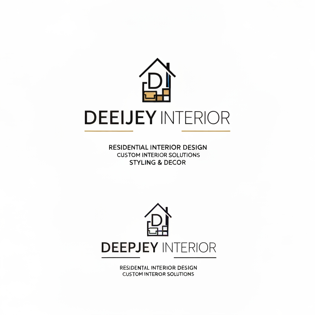 Design a premium, modern, and minimalistic logo for an interior design company named "DEEPJEY INTERIOR".

The company specializes in:
- Residential Interior Design
- Commercial Spaces
- Custom Interior Solutions
- Styling & Decor

Logo Style Requirements:
- Follow a clean, minimal, and professional style inspired by top interior brands like HomeLane, Livspace, Design Cafe, and Houzz
- Use a modern sans-serif font with a sleek, elegant feel
- The logo should be primarily text-based with a subtle, meaningful icon

Icon Concept Ideas (integrate subtly, not overly complex):
- Abstract house or room structure
- Geometric layout (floor plan / grid concept)
- Interior elements like sofa, wall frame, or modular space
- Letter-based icon using "D" or "DI" shaped like a space or structure

Design Feel:
- Premium, trustworthy, and sophisticated
- Should appeal to both middle-class and high-end clients
- Balanced between corporate and creative

Color Palette:
- Primary: Black / Dark Grey / Deep Blue (for professionalism)
- Accent: Gold / Beige / Warm Wood tone (for luxury feel)
- Optional: White background for clean presentation

Layout Variations:
- Horizontal logo (icon + text)
- Stacked version (icon above text)
- Monogram version (DI or DJ symbol)

Typography:
- Clean, modern, slightly bold sans-serif
- High readability, elegant spacing
- Avoid overly decorative fonts

Additional Guidelines:
- Keep the design simple and scalable (usable for website, mobile, visiting cards, and hoardings)
- Avoid clutter, gradients, or overly complex illustrations
- Focus on negative space and geometric balance

Mood Keywords:
Modern, Elegant, Minimal, Architectural, Spatial, Premium, Clean, Smart Design

Deliverables:
- Logo with icon + text
- Icon-only version
- Black & white version
- Transparent background version