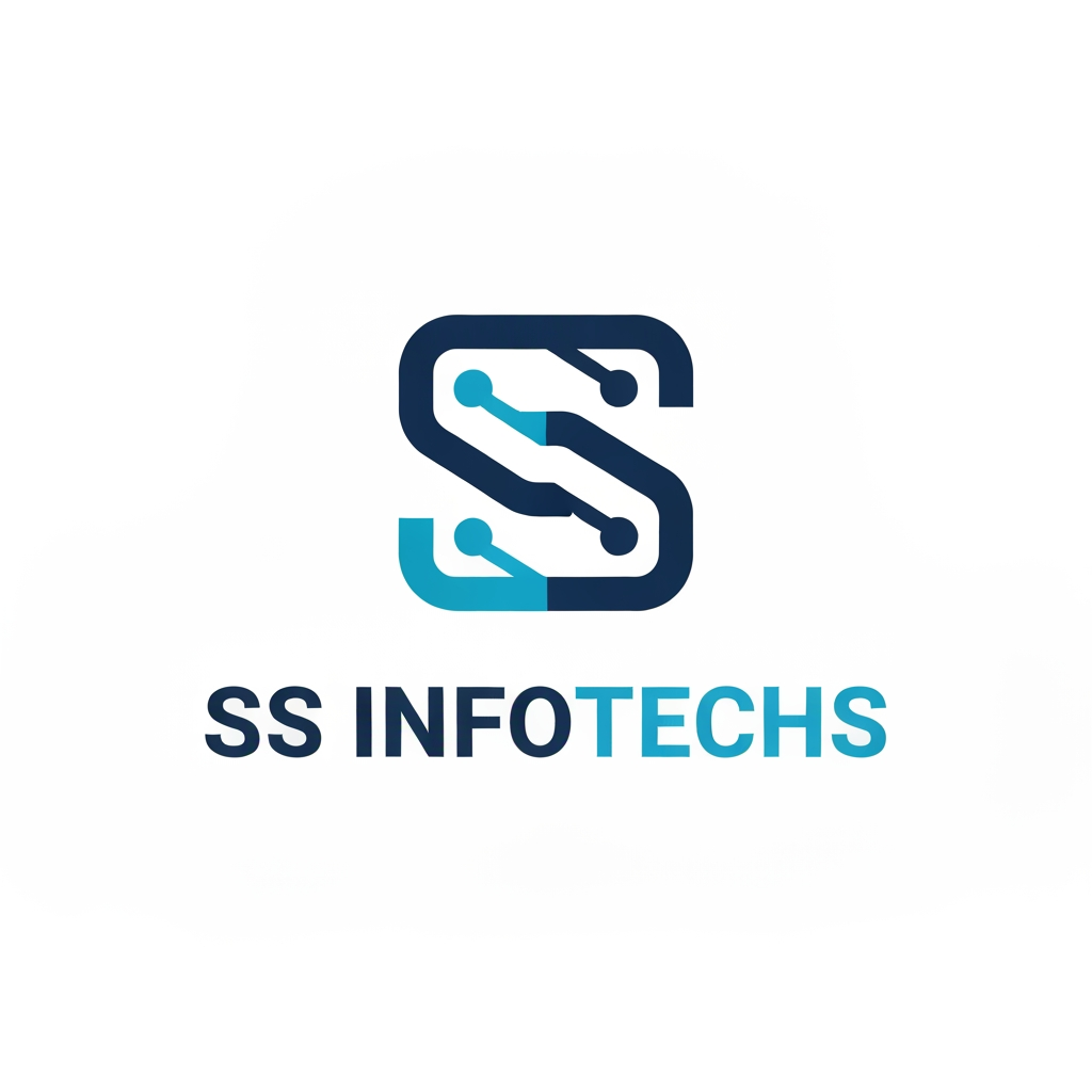 AI Design for "A minimalist, professional logo for an IT company named 'SS Infotechs'. The icon is an abstract, geometric monogram of the letters 'S' interlocking to form a single continuous, modern, circuit-inspired loop. Flat design, solid Deep Navy Blue (#0B1F3A) and Cyan (#06B6D4) color scheme. Clean, bold, geometric sans-serif typography. High-end corporate aesthetic, white background, vector style, symmetrical, balanced, no gradients, no shadows."