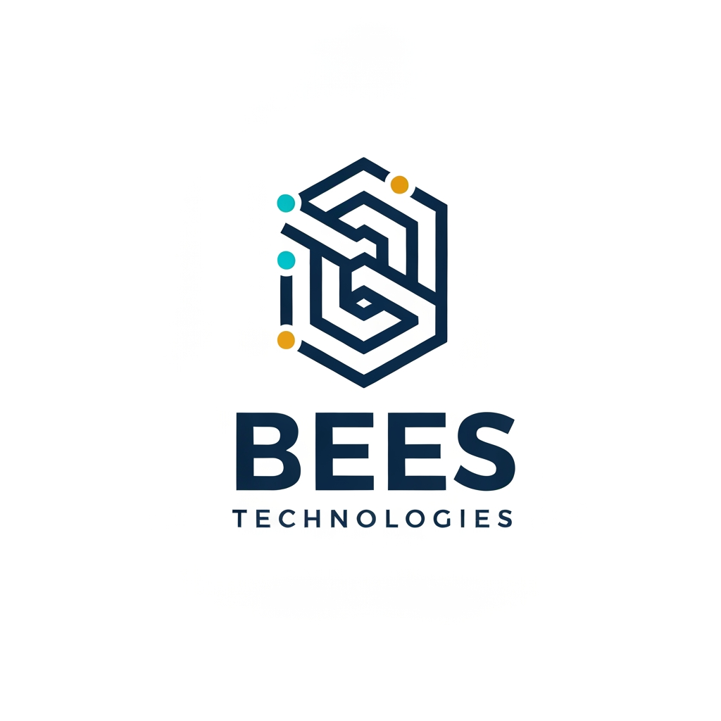 AI Design for "A premium, minimalist logo for an IT company named 'BEES TECHNOLOGIES'. The icon is a geometric, abstract symbol derived from a honeycomb hexagon, using clean lines to suggest network nodes and digital connectivity. The shape subtly incorporates the letter 'B'. Flat, modern, high-end corporate style. Colors: Deep Royal Blue (#0A3D91), Electric Cyan (#00C8FF), and a touch of Golden Honey (#F5B400). Bold, geometric sans-serif typography for 'BEES' with 'TECHNOLOGIES' in a smaller, spaced-out, professional font. White background, vector style, mathematically balanced, grid-based design."