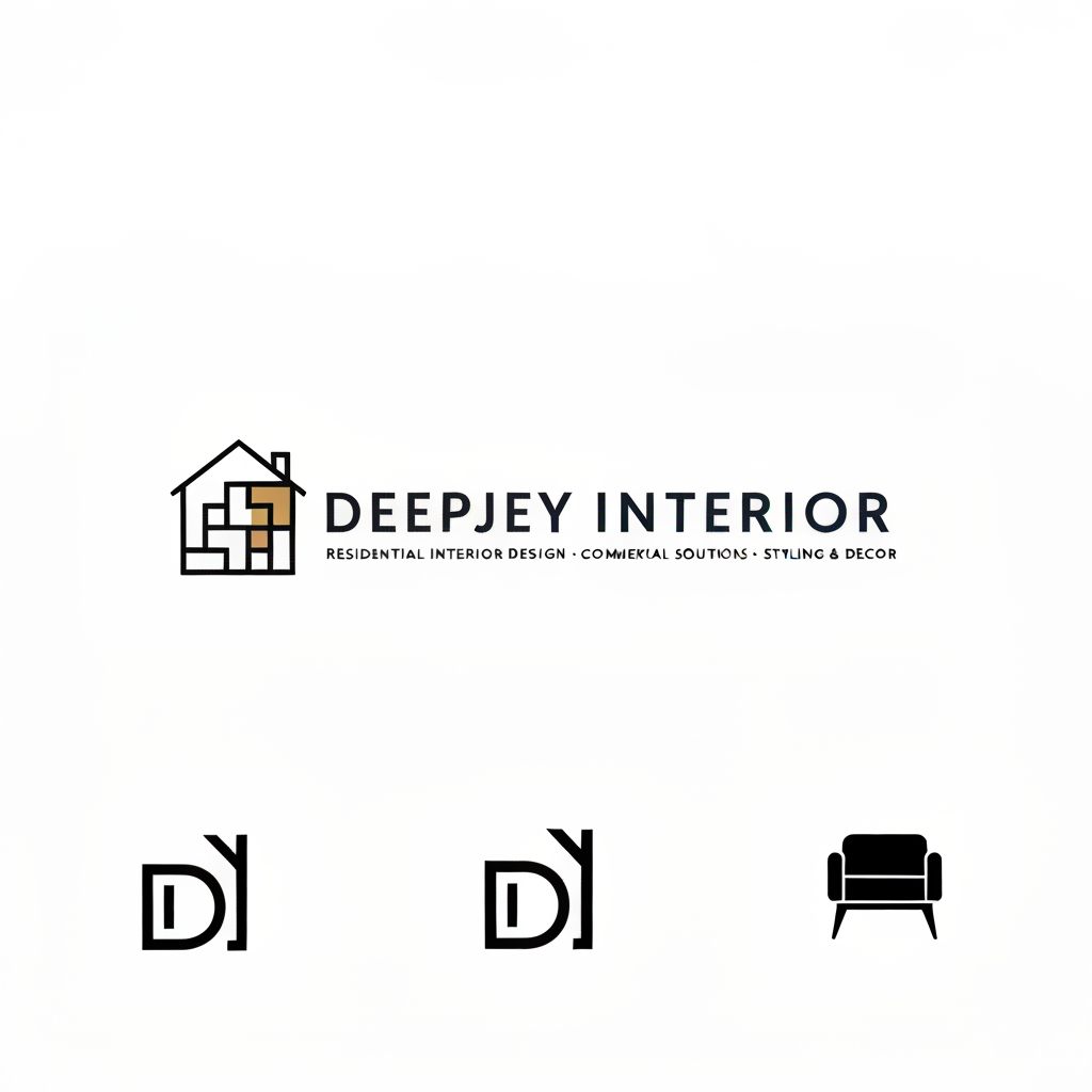 Design a premium, modern, and minimalistic logo for an interior design company named "DEEPJEY INTERIOR".
The company specializes in:
- Residential Interior Design
- Commercial Spaces
- Custom Interior Solutions
- Styling & Decor
Logo Style Requirements:
- Follow a clean, minimal, and professional style inspired by top interior brands like HomeLane, Livspace, Design Cafe, and Houzz
- Use a modern sans-serif font with a sleek, elegant feel
- The logo should be primarily text-based with a subtle, meaningful icon
Icon Concept Ideas (integrate subtly, not overly complex):
- Abstract house or room structure
- Geometric layout (floor plan / grid concept)
- Interior elements like sofa, wall frame, or modular space
- Letter-based icon using "D" or "DI" shaped like a space or structure
Design Feel:
- Premium, trustworthy, and sophisticated
- Should appeal to both middle-class and high-end clients
- Balanced between corporate and creative
Color Palette:
- Primary: Black / Dark Grey / Deep Blue (for professionalism)
- Accent: Gold / Beige / Warm Wood tone (for luxury feel)
- Optional: White background for clean presentation
Layout Variations:
- Horizontal logo (icon + text)
- Stacked version (icon above text)
- Monogram version (DI or DJ symbol)
Typography:
- Clean, modern, slightly bold sans-serif
- High readability, elegant spacing
- Avoid overly decorative fonts
Additional Guidelines:
- Keep the design simple and scalable (usable for website, mobile, visiting cards, and hoardings)
- Avoid clutter, gradients, or overly complex illustrations
- Focus on negative space and geometric balance
Mood Keywords:
Modern, Elegant, Minimal, Architectural, Spatial, Premium, Clean, Smart Design
Deliverables:
- Logo with icon + text
- Icon-only version
- Black & white version
- Transparent background version