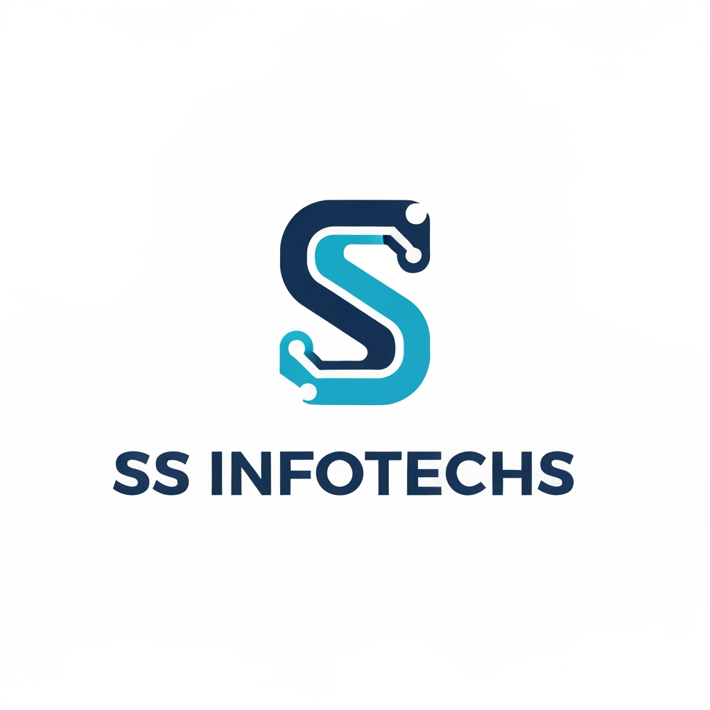 AI Design for "A minimalist, professional logo for an IT company named 'SS Infotechs'. The icon is an abstract, geometric monogram of the letters 'S' interlocking to form a single continuous, modern, circuit-inspired loop. Flat design, solid Deep Navy Blue (#0B1F3A) and Cyan (#06B6D4) color scheme. Clean, bold, geometric sans-serif typography. High-end corporate aesthetic, white background, vector style, symmetrical, balanced, no gradients, no shadows."