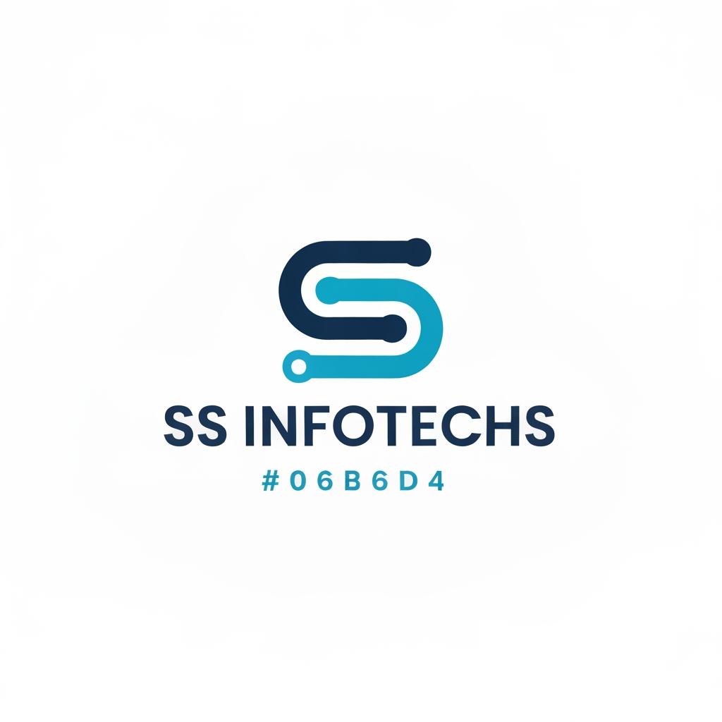 AI Design for "A minimalist, professional logo for an IT company named 'SS Infotechs'. The icon is an abstract, geometric monogram of the letters 'S' interlocking to form a single continuous, modern, circuit-inspired loop. Flat design, solid Deep Navy Blue (#0B1F3A) and Cyan (#06B6D4) color scheme. Clean, bold, geometric sans-serif typography. High-end corporate aesthetic, white background, vector style, symmetrical, balanced, no gradients, no shadows."