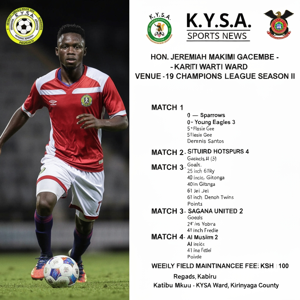 Generate a polished, professional poster based on the data input below. Make it appealing to both elite and local consumers and leave considerable space on the side to place an image;K.Y.S.A. 360 SPORTS NEWS
Event: HON. JEREMIAH MAKIMI GACEMBE - KARITI WARD CHAMPIONS LEAGUE SEASON II
Date: 2026-04-19
Venue: SAN SIRO, KICHINJIO (Railways Arena, Sagana Town)
MATCH 1
Sparrows 0 - Young Eagles 3
Goals: 5 inch Flexie Gee; 56 inch, 78 inch Dennis Santos
Points: Young Eagles (3)
MATCH 2
Gitumbi Mo-GAS 4 - Kahiro Hotspurs 1
Goals: 25 inch, 61 inch Kelly; 40 inch Gitonga; 61 inch Jei Jei; 65 inch Gerald
Points: Gitumbi (3)
MATCH 3
L-Maa Black Rhinos 0 - Sagana United 2
Goals: 30 inch Jeff; 70 inch Denoh Twins
Points: Sagana United (3)
MATCH 4
Al Muslim 2 - Nanga Spitfire 0
Goals: 24 inch Yobra Olunga; 41 inch Fredie
Points: Al Muslim (3)
WEEKLY FIELD MAINTENANCE FEE: KSH 100 (for all 8 teams)
Regards,
Abbas Kabiru Laban Mugwanja (KLM)
Katibu Mkuu - KYSA, Kariti Ward, Kirinyaga County
```