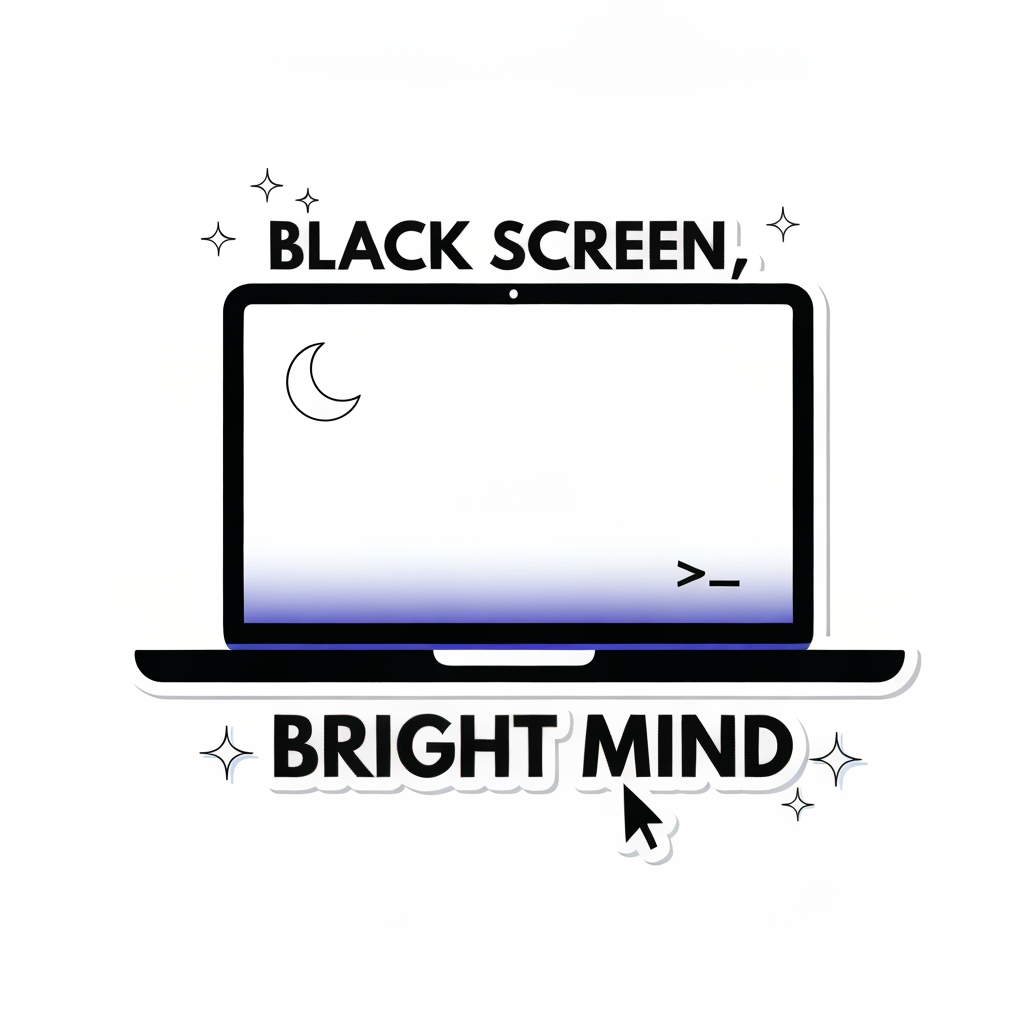 Minimal aesthetic coding sticker design with the text "Black Screen, Bright Mind". Dark mode inspired design, sleek black laptop outline with subtle glowing screen, tiny terminal cursor >_ near the laptop, soft white/blue sparkles around the words "Bright Mind", small crescent moon in one corner for late-night coding vibe. Clean typography, modern sans serif font, minimal layout, die-cut sticker style, black white and electric blue color palette, trendy coder aesthetic, uncluttered design.