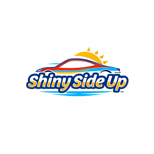 AI Design for design a colorful, fun, and catchy logo for a carwash company named "shiny side up" with its complete name and a car on the logo