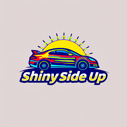 AI Design for design a colorful, fun, and catchy logo for a carwash company named "shiny side up" with its complete name and a car on the logo