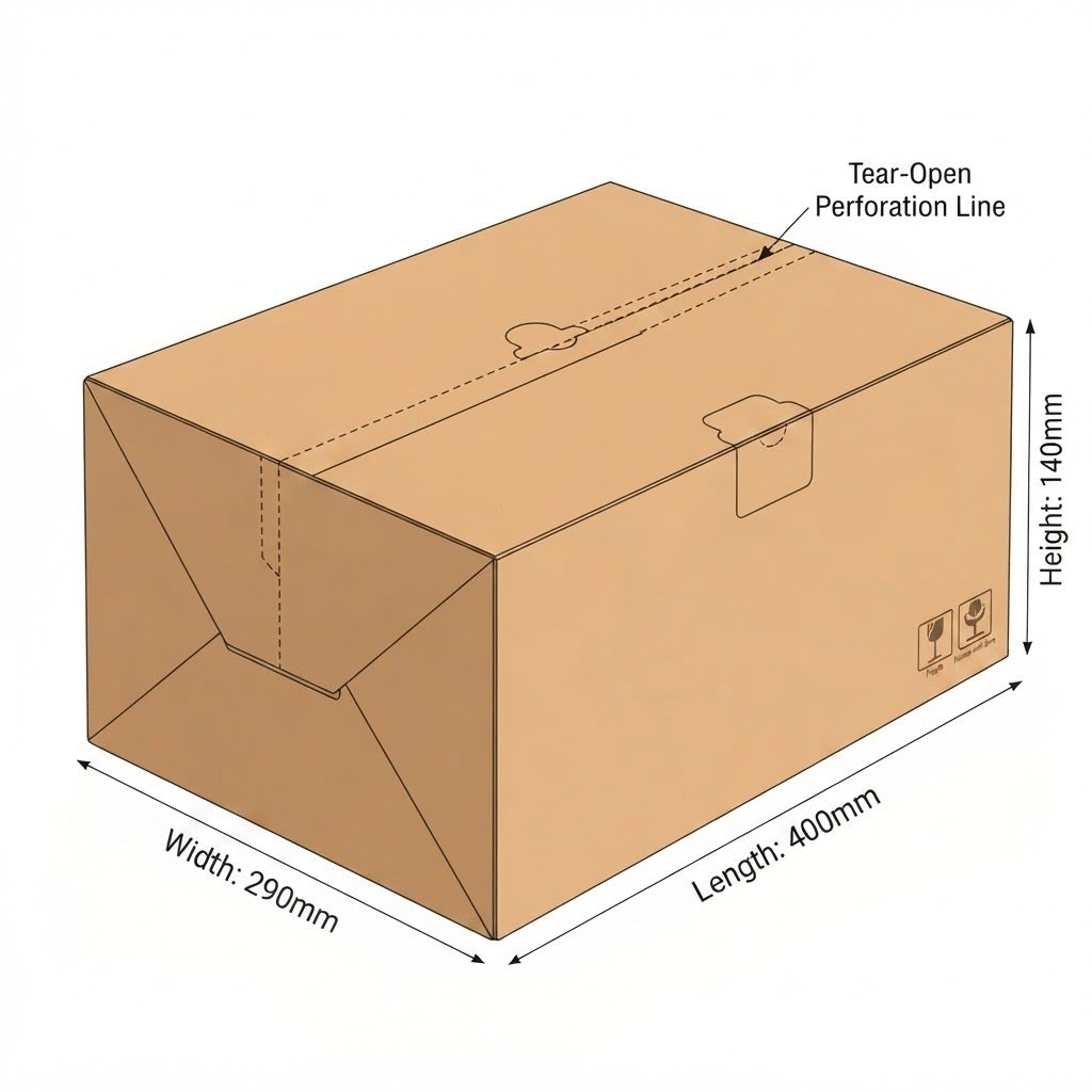 AI Design for template of tear open master carton box' length 40 cm, width 29 cm, height 14 cm, closed with tape