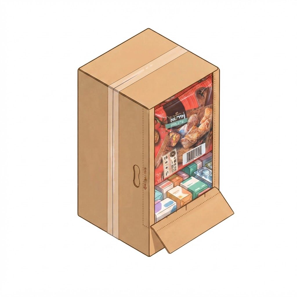 AI Design for great. now stand the same box verticaly on it's small side, no changes to design and products, just show the box and products flipped 90 degrees uprigth