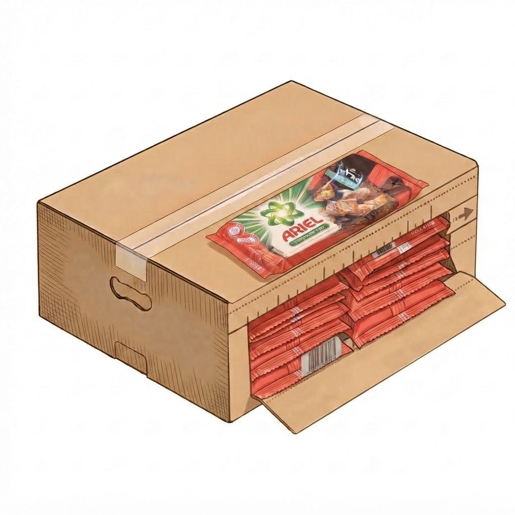 AI Design for make ripped opening nicely rectangular and bigger and show products the same stacked in two stacks like in picture "sample 3" uploaded