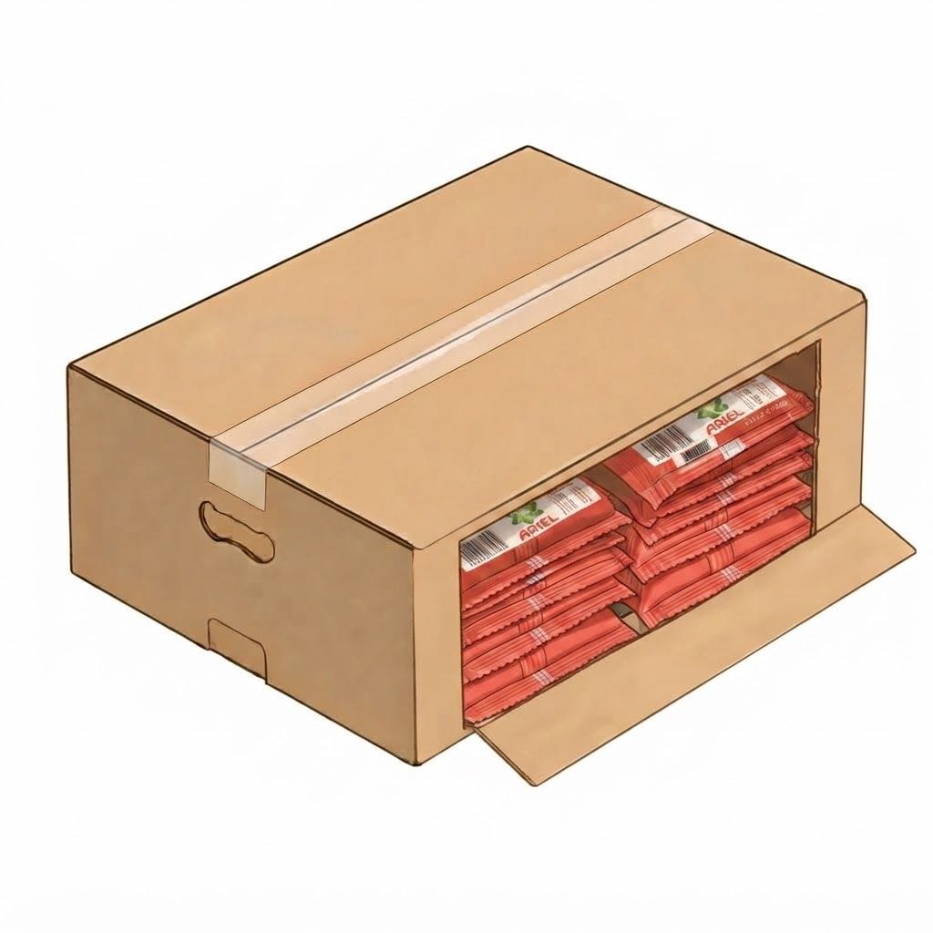 AI Design for make ripped opening nicely rectangular and bigger and show products the same stacked in two stacks like in picture "sample 3" uploaded but keep top of box closed