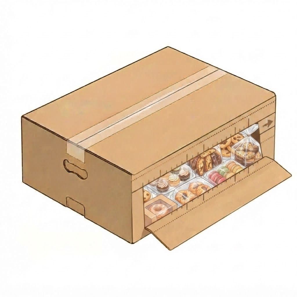 AI Design for The area highlighted in semi-transparent red in this image indicates where to make changes. put pastry packaging in the box