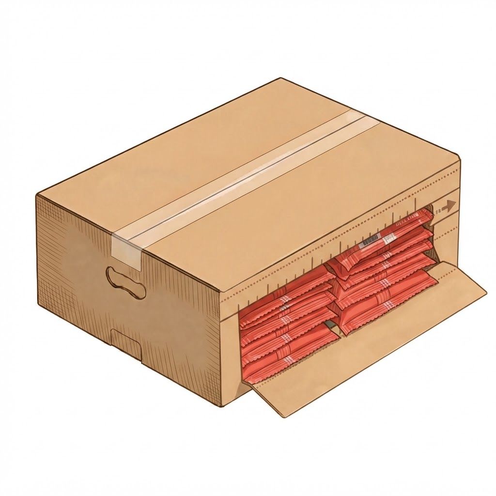 AI Design for replace products with the ones uploded in "front" to be seen stacked in to stacks tight only in the opening not showing pictures on packaging but only the seal, not on top of box, while box is closed on top