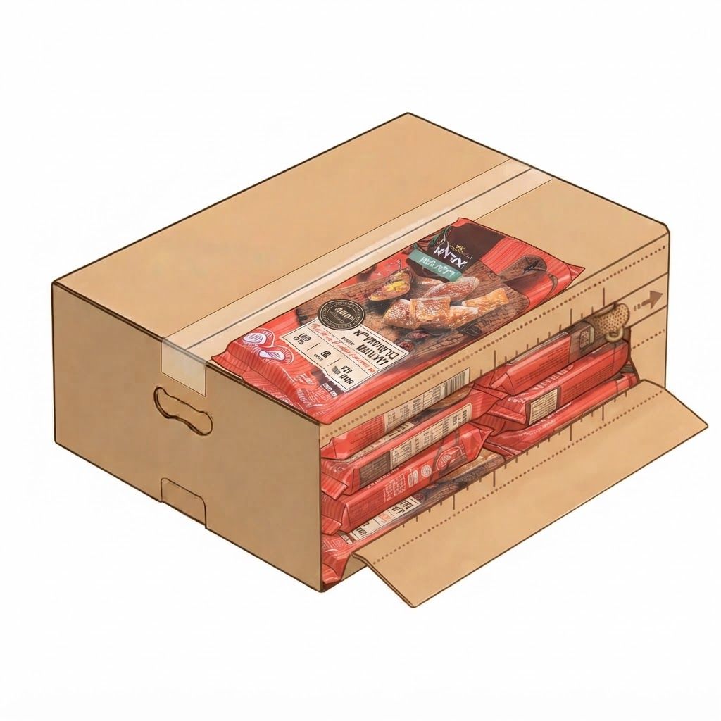 AI Design for replace products with the ones uploded to be seen stacked tight only in the opening/, not on top of box