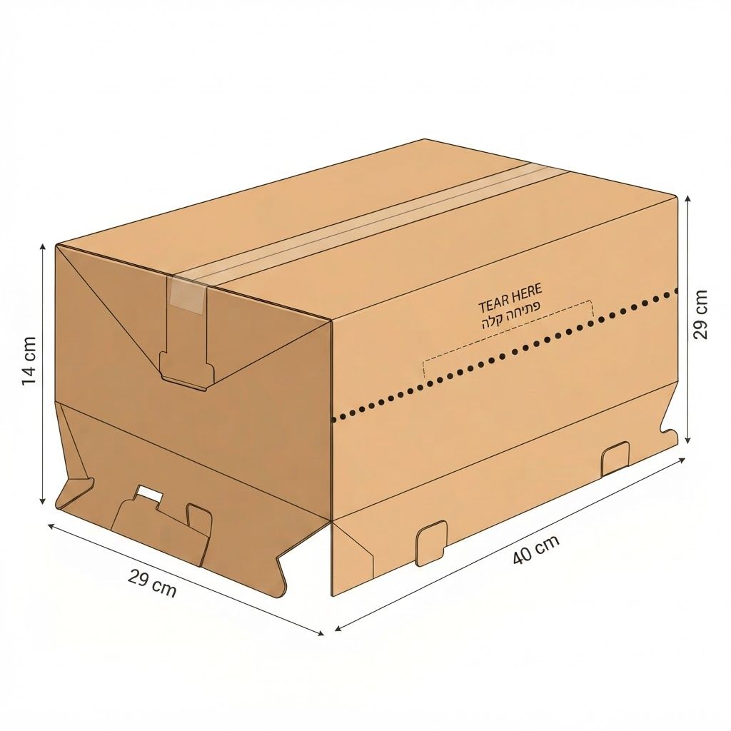 AI Design for template of simple master carton box' length 40 cm, width 29 cm, height 14 cm, closed with tape, with perforated line for tear off according the dots made on the side of the box