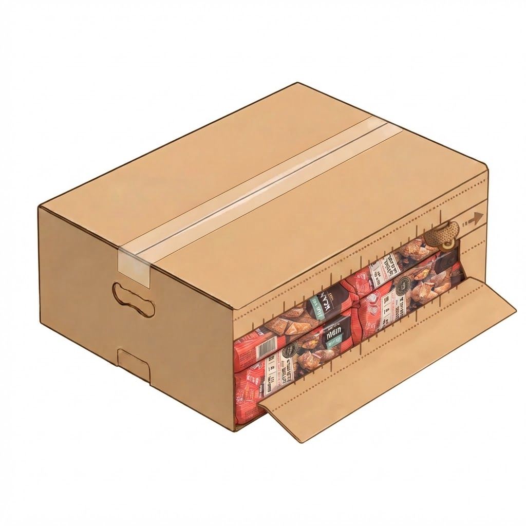 AI Design for replace products with the ones uploded to be seen stacked tight only in the opening/, not on top of box but turn product 90 degrees left