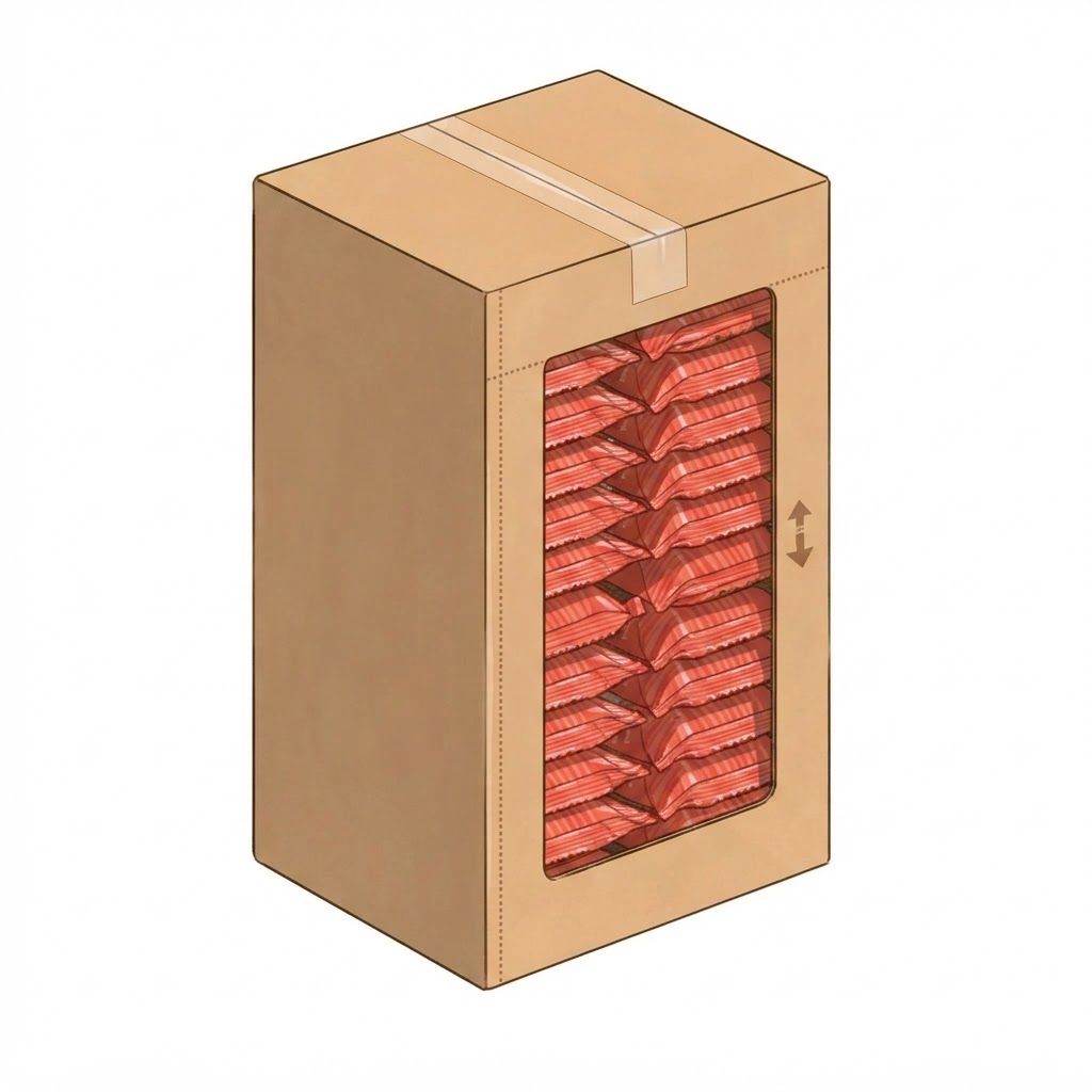 AI Design for replace products with the ones uploded in "front" to be seen stacked in to stacks tight only in the opening not showing pictures on packaging but only the seal, not on top of box, while box is closed on top. and flip this very box on it's small side verticaly showing the opening and the products