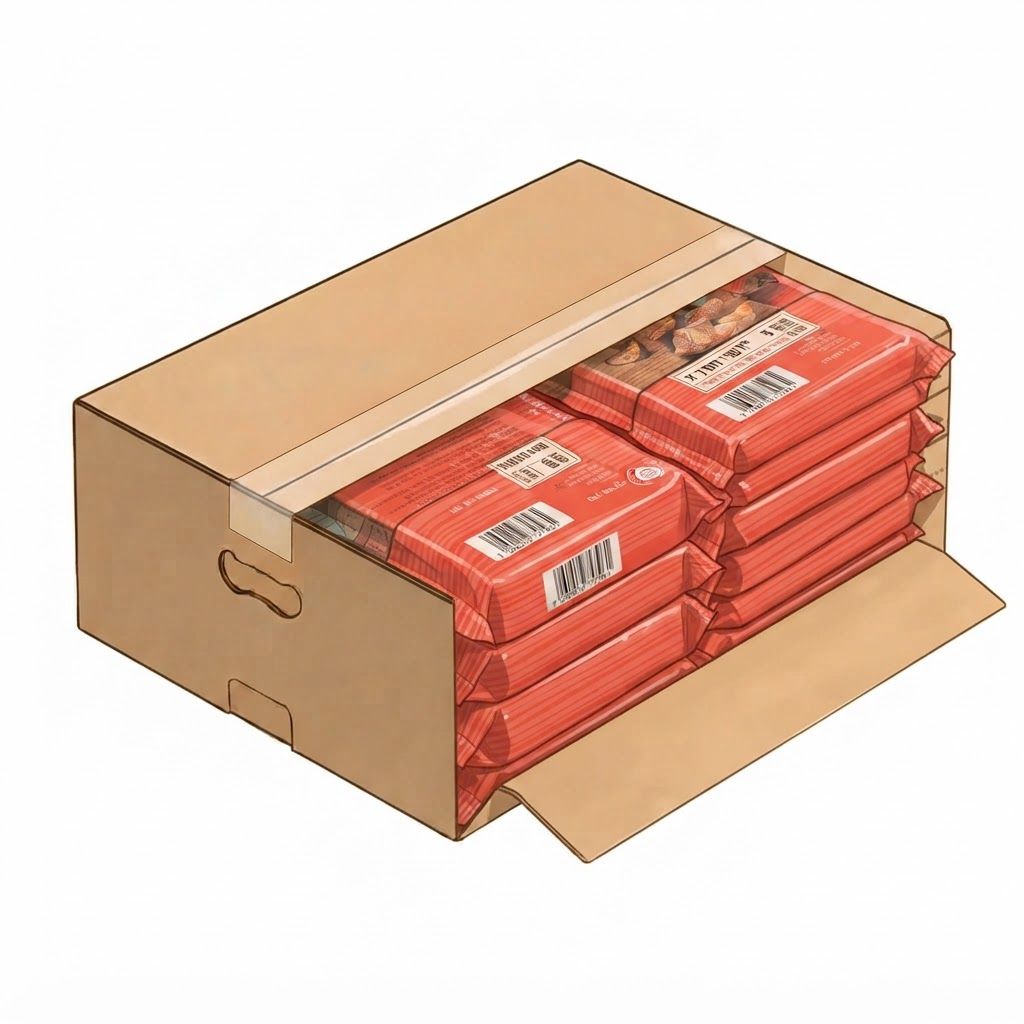 AI Design for replace products with the ones uploded in "front" to be seen stacked in to stacks tight only in the opening not showing pictures on packaging but only the seal, not on top of box