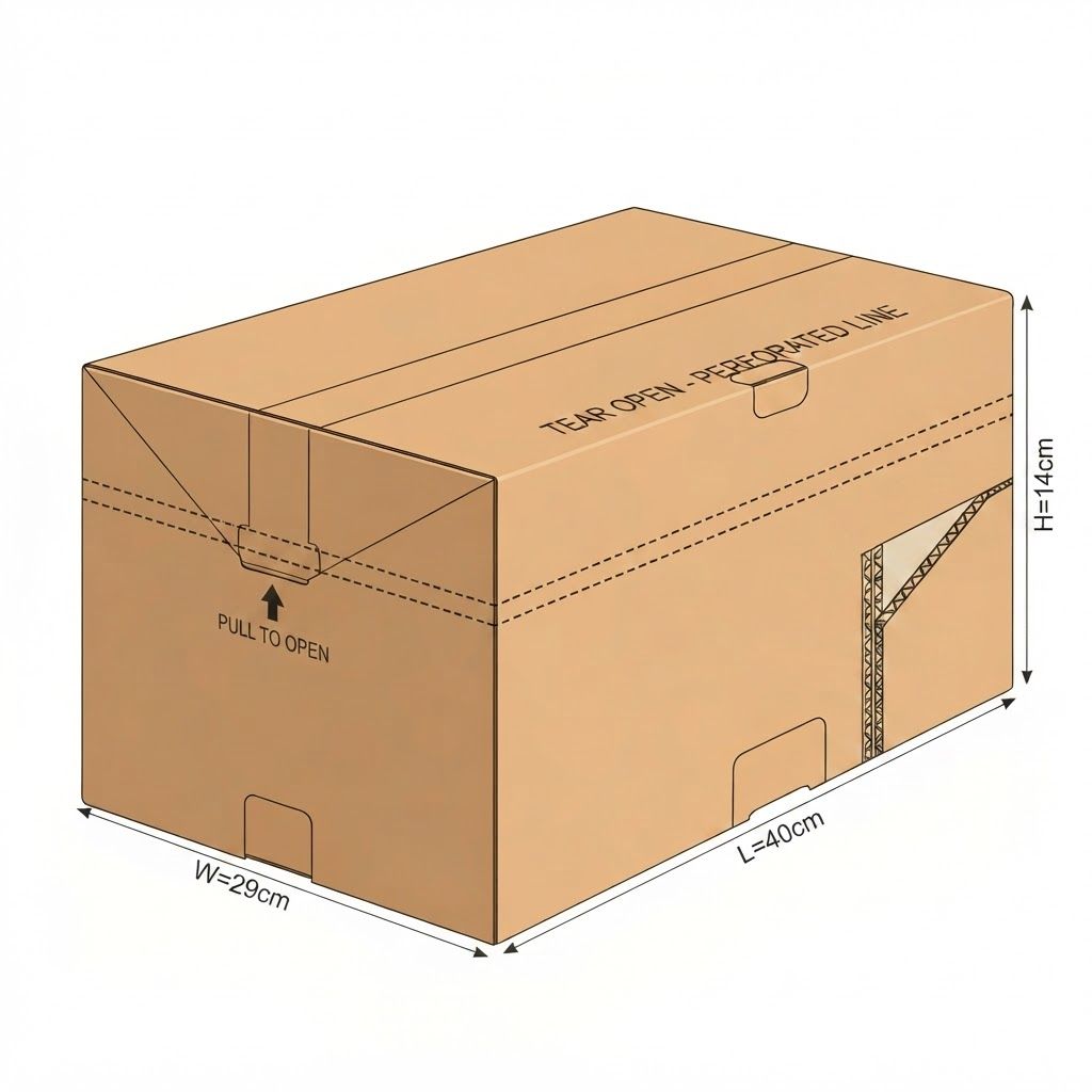 AI Design for template of tear open master carton box' length 40 cm, width 29 cm, height 14 cm, with with perforated tearing line on the long side area only so to be able to tear the box open only on it's long side