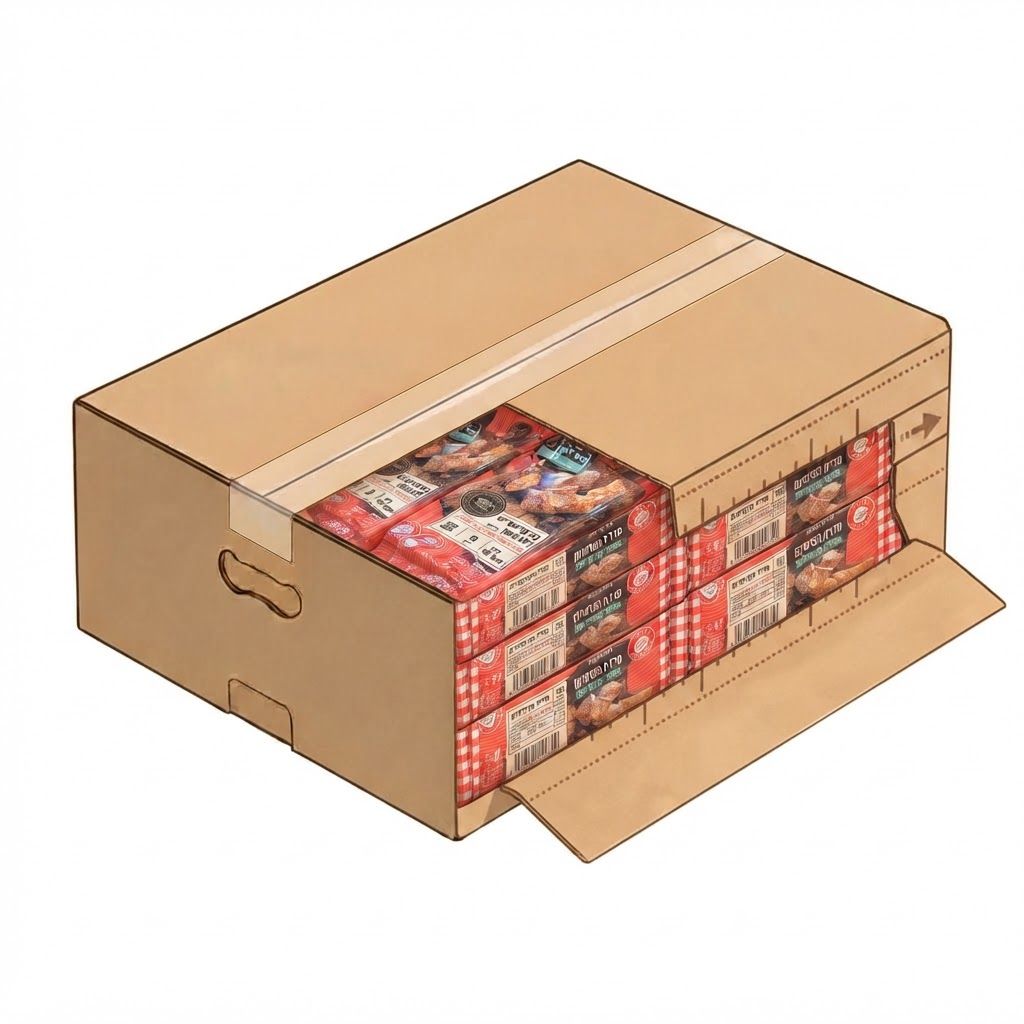 AI Design for replace products with the ones uploded to be seen stacked tight only in the opening/, not on top of box but rotate product horizontaly 90 degrees left