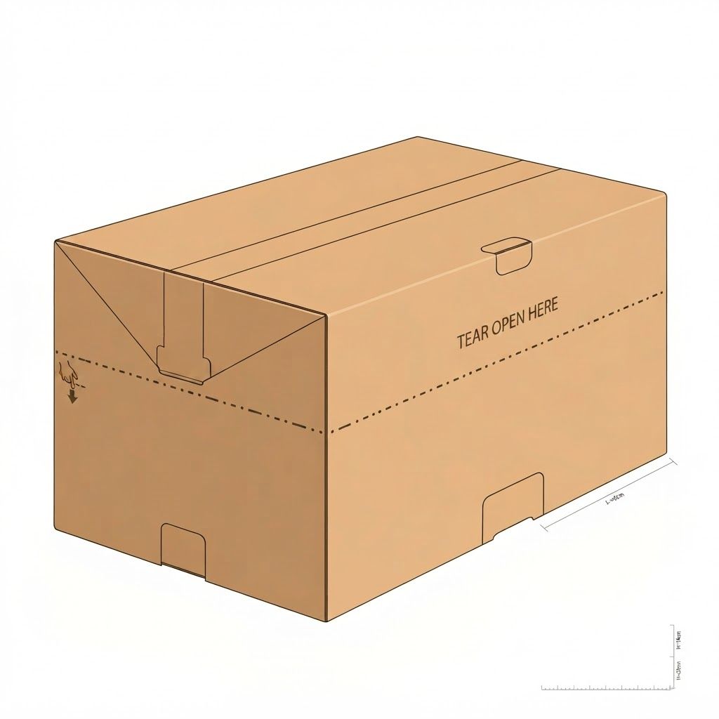 AI Design for template of tear open master carton box' length 40 cm, width 29 cm, height 14 cm, with with perforated tearing line on the long side