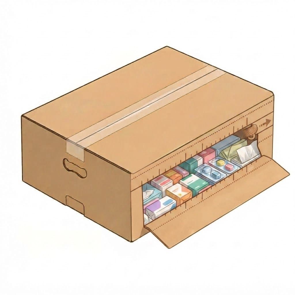 AI Design for The area highlighted in semi-transparent red in this image indicates where to make changes. rectangulare perforated line to rip box open from side and see products