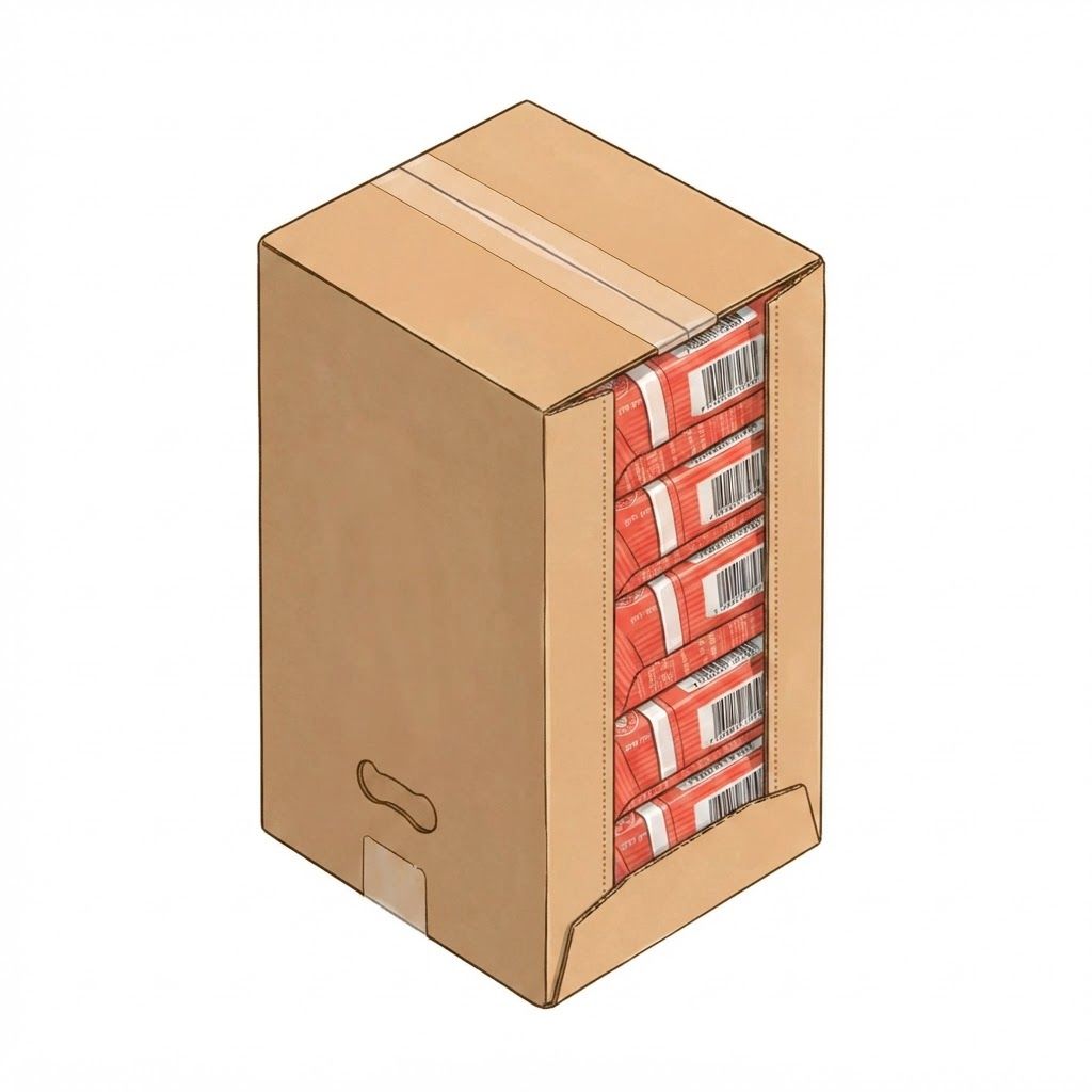 AI Design for replace products with the ones uploded in "front" to be seen stacked in to stacks tight only in the opening not showing pictures on packaging but only the seal, not on top of box, while box is closed on top. and flip box on it's small side verticaly showing the opening and the products