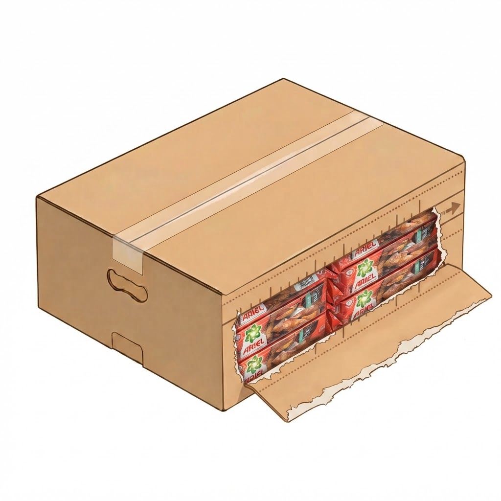 AI Design for replace products with the ones uploded in "front" to be seen stacked in to stacks tight only in the opening, not on top of box