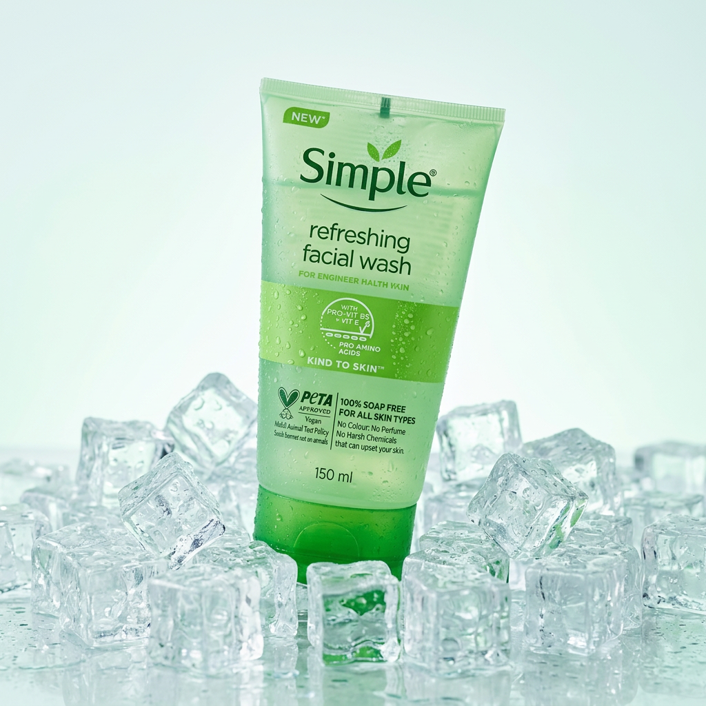 AI Design for Simple Refreshing Facial Wash placed on top of crystal-clear ice cubes with condensation droplets forming naturally, soft cool-toned lighting, minimal white and mint background, fresh hydration mood, subtle reflections on ice surface, luxury skincare product photography style, ultra-clean composition