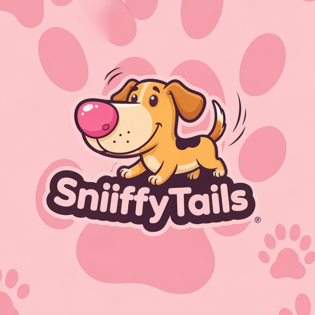 AI Design for I have a brand which sells only dog toys and its accessories the name is SniffyTails so now i want u to make a logo of it with a elemented body with name written below the theme will be friendly and playful use main key word of sniffing nose and wagging tail