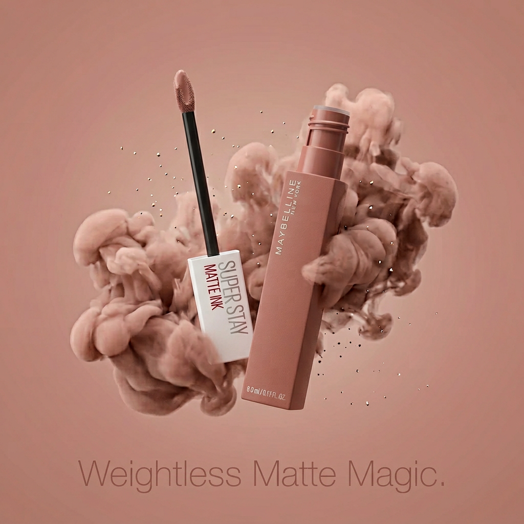 AI Design for “Floating Beauty Shot
Prompt:
Lipstick and applicator floating mid-air with soft nude smoke clouds, subtle particles, same tone background, dreamy aesthetic, ultra clean beauty ad style
Text:
“Weightless Matte Magic.”