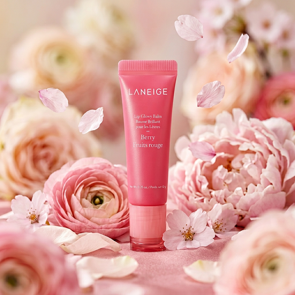 AI Design for Use the exact product image of Laneige Lip Glowy Balm Berry. Do not change packaging, logo, or color. Maintain original branding and text clarity. High-end luxury beauty campaign, soft studio lighting, ultra-realistic, macro photography, shallow depth of field.”FLORAL SOFT GIRL AESTHETIC
Prompt:
“Place the Laneige Lip Glowy Balm Berry surrounded by soft pink flowers and petals. Light breeze effect with petals floating. Dreamy pastel background, soft diffused lighting, romantic luxury beauty ad.”