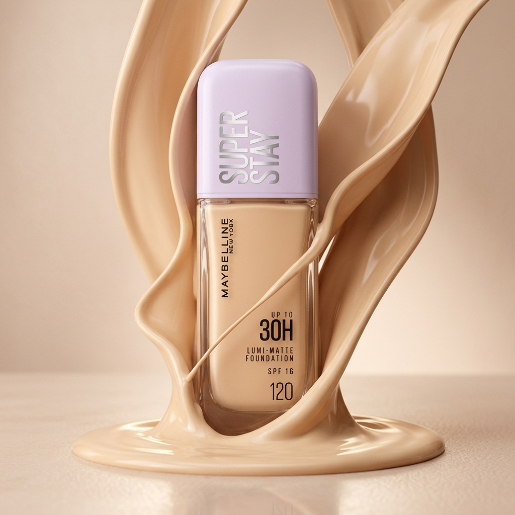 Liquid Foundation Flow (BEST one)

“Create a high-end luxury advertisement of Maybelline Super Stay Foundation.
Keep the product exactly the same (no changes in shape, shade, branding, or text).

Thick creamy foundation liquid (same shade) flowing and wrapping around the bottle in smooth waves.
Soft studio lighting, glossy texture, minimal nude background, elegant composition.
Hyper-realistic, macro lens, focus on smooth skin-like texture, 4K quality.”