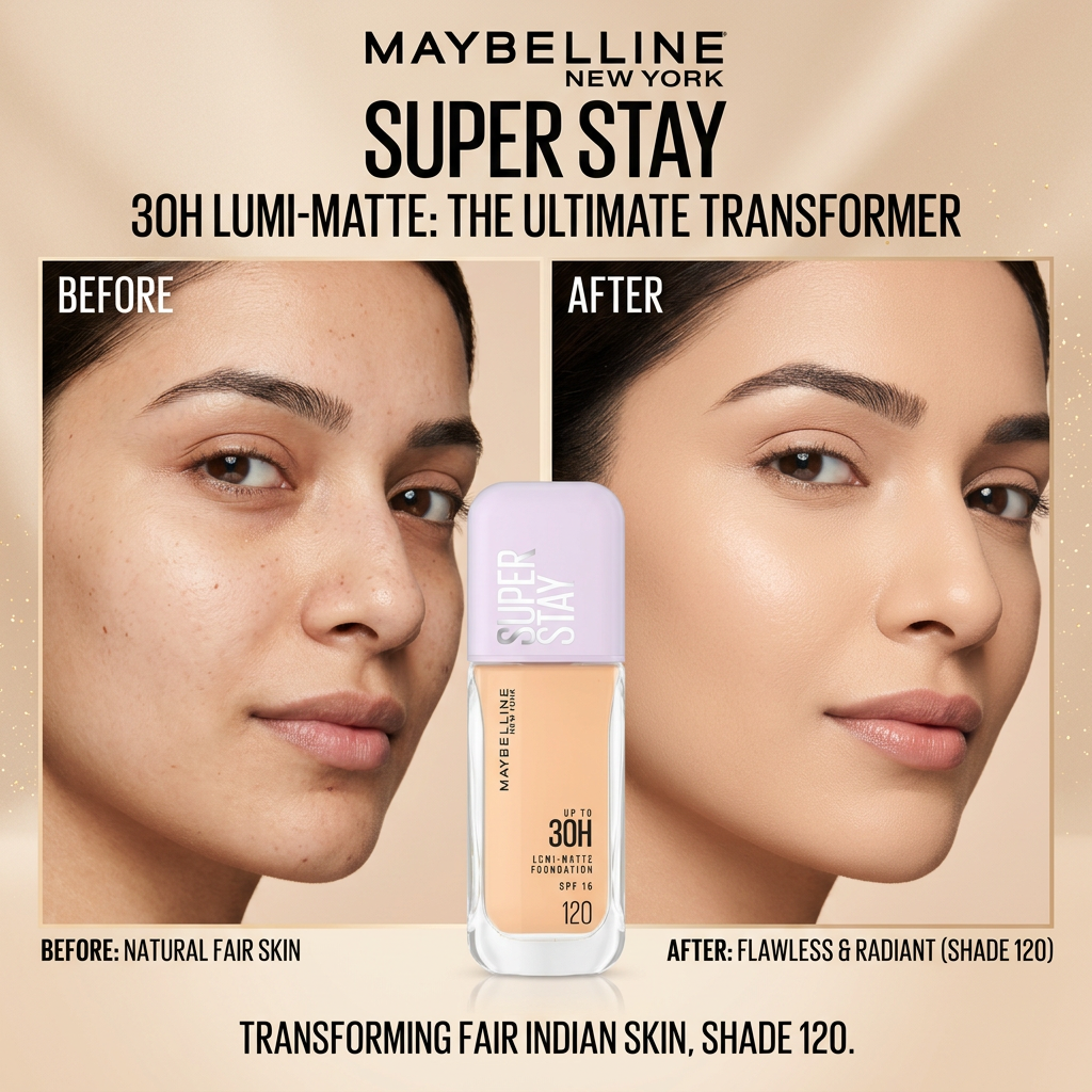 AI Design for Before–After Model Concept (VIRAL IDEA)
“Create a beauty campaign featuring an Indian female model with fair skin tone showing before and after applying Maybelline Super Stay Foundation.
Left side natural skin, right side smooth flawless finish.
Soft lighting, minimal beige background.
Elegant composition, focus on transformation, premium campaign style.”