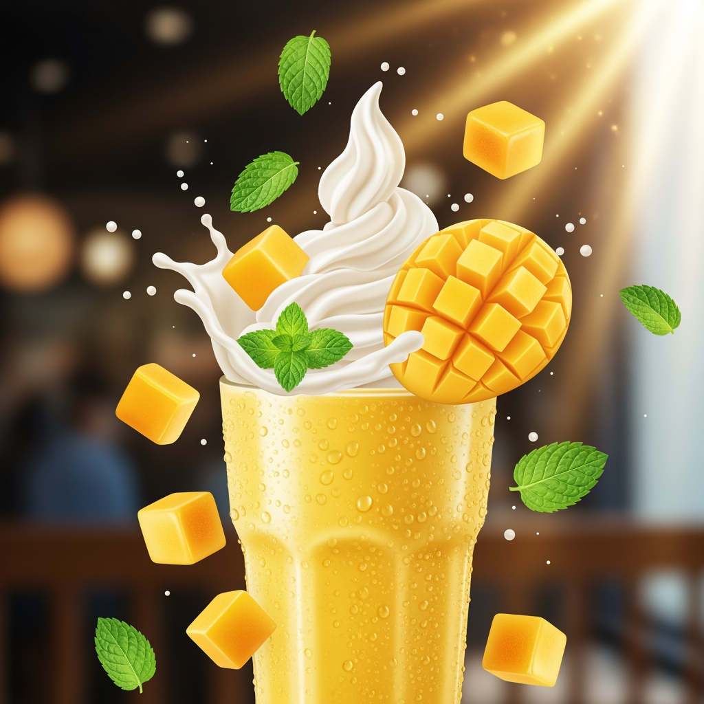 Creative realistic mango smoothie campaign poster, tall cold mango shake glass with realistic condensation, floating mango cubes, whipped cream splash, flying mint leaves, golden sunlight rays, luxury cafe advertisement aesthetic, photorealistic textures, vibrant tropical summer mood, high-end product photography
