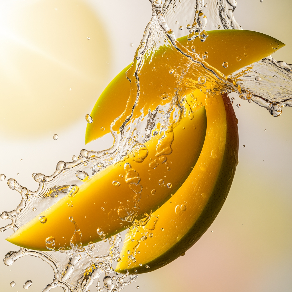 1. Ultra aesthetic mango splash visual, juicy yellow mango slices floating in water with crystal water droplets, luxury skincare ad style, soft golden lighting, creamy pastel background, hyper realistic, fresh tropical vibe, glossy texture, premium summer campaign