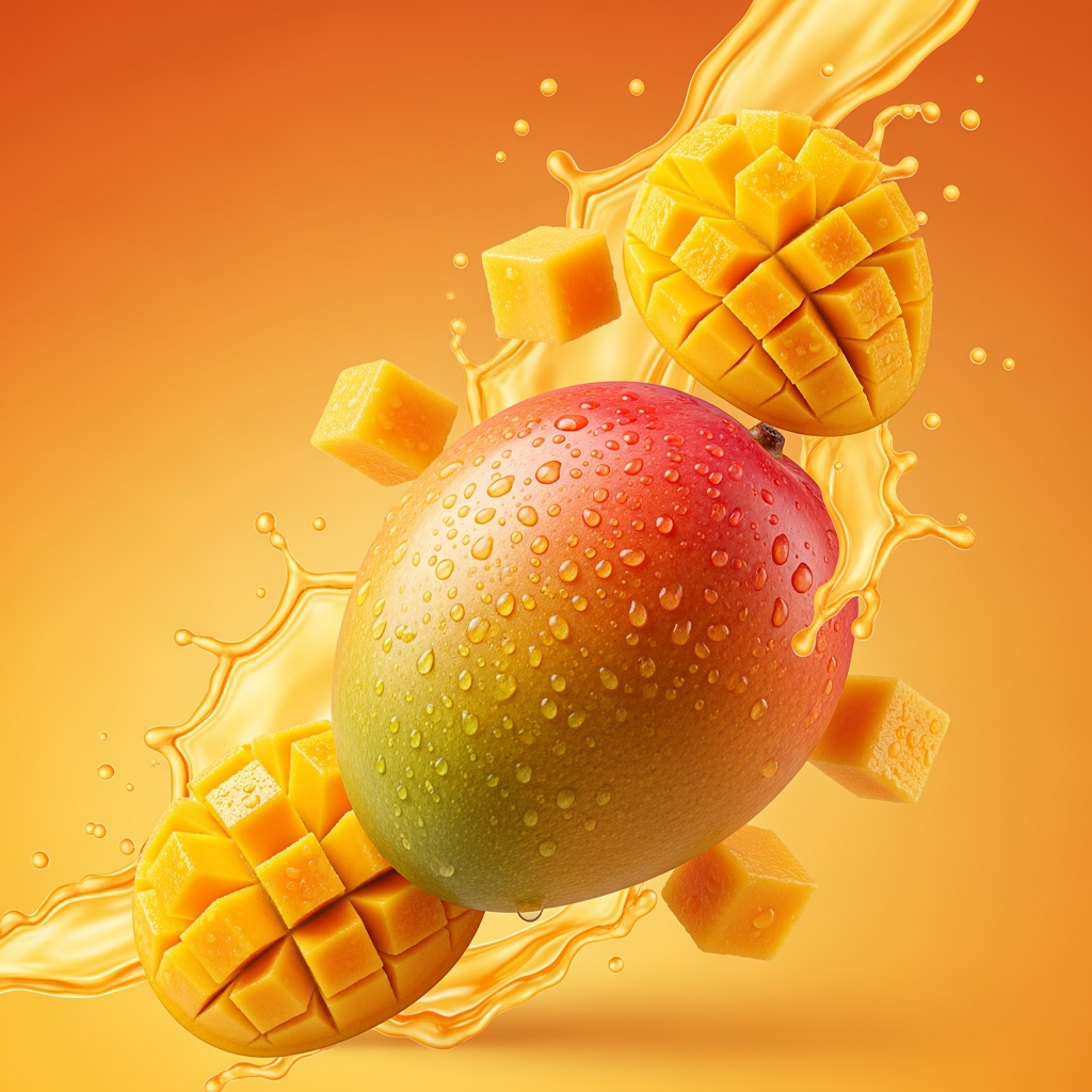 Luxury mango advertisement poster, ultra realistic alphonso mangoes with glossy water droplets, floating mango cubes and juice splashes, premium orange-yellow gradient background, cinematic studio lighting, modern tropical branding aesthetic, clean minimal typography space, realistic fruit texture, high-end commercial photography, vibrant summer vibe, elegant shadows, Instagram luxury campaign design
