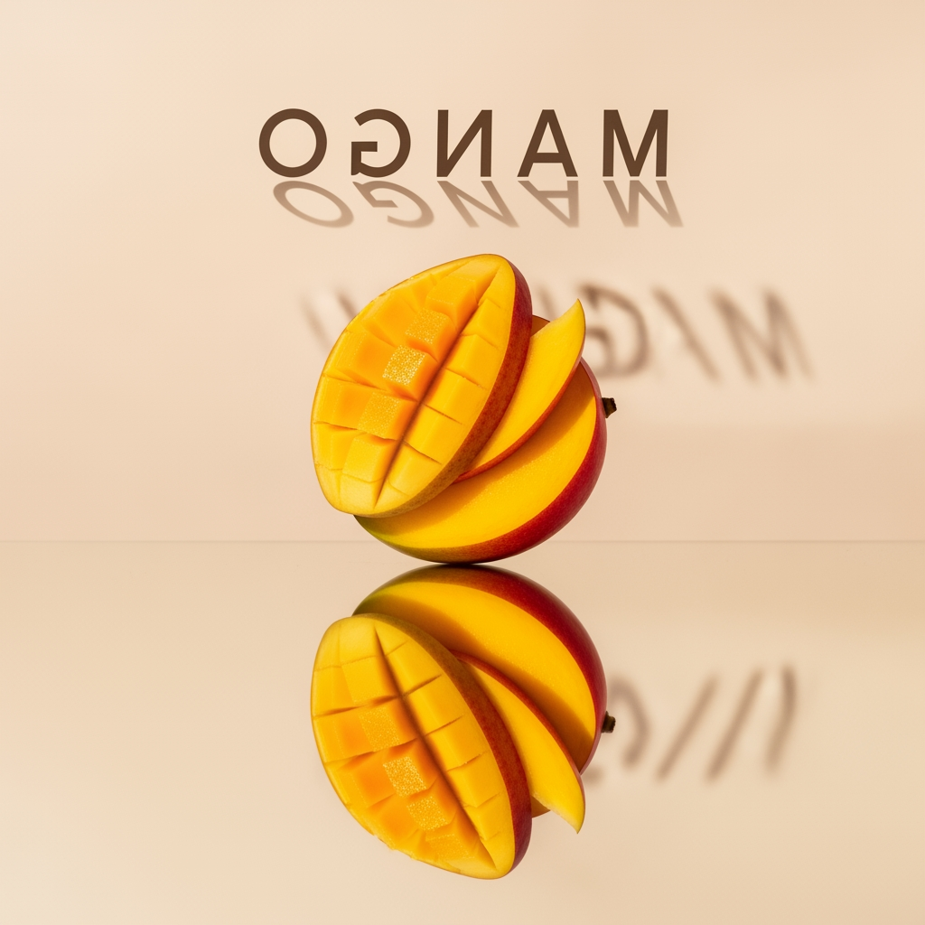 Minimal creative mango poster, sliced mango with mirrored reflection and reversed typography, soft beige background, luxury branding aesthetic, clean shadows, editorial style photography, modern Instagram skincare campaign vibe