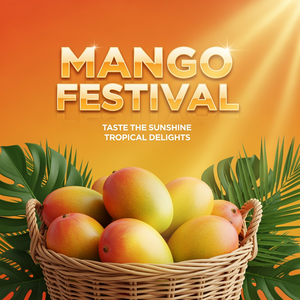 Modern mango festival poster, realistic fresh mangoes in basket with warm sunlight, tropical leaves, glossy typography, orange gradient background, premium fruit campaign aesthetic, commercial photography realism, trendy Instagram poster style