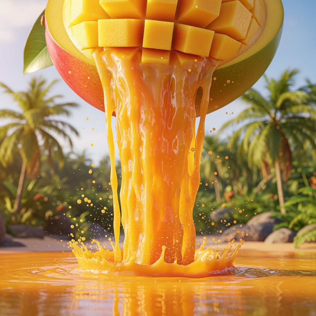 Realistic mango waterfall scene, giant mango juice flow pouring from sliced mango, ultra detailed splash physics, tropical paradise background with palm blur, cinematic warm lighting, premium advertisement photography style, vibrant summer campaign, glossy reflections, surreal but realistic