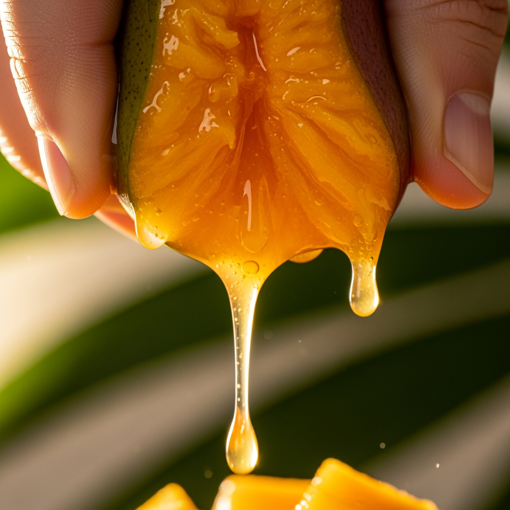 Close-up mango squeeze shot, thick mango juice dripping slowly, macro photography, glossy texture, cinematic lighting, tropical luxury aesthetic, fresh juicy look, ultra realistic details, warm summer tones
