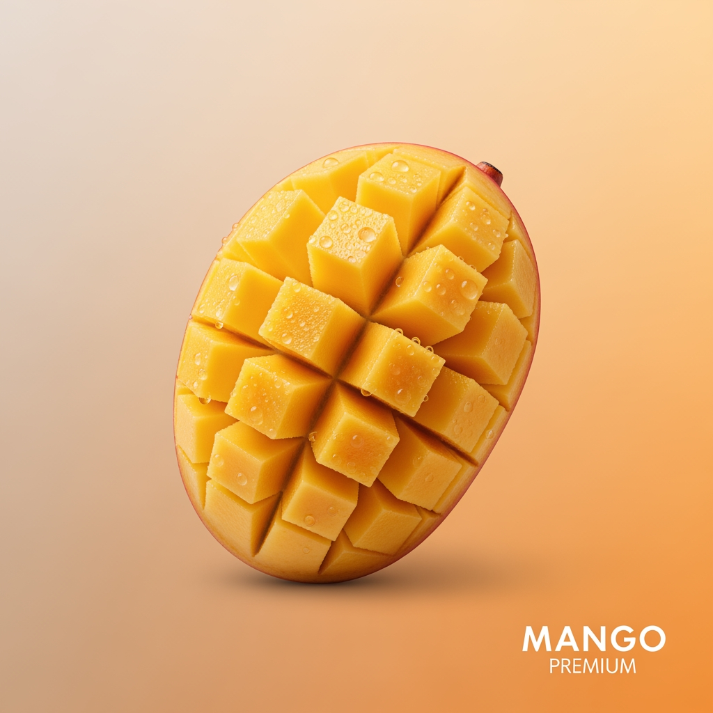 Minimal aesthetic mango poster, single realistic mango with sliced cube cut, soft beige-orange luxury background, subtle water droplets, elegant premium branding style, clean editorial composition, photorealistic studio photography, modern Instagram advertisement aesthetic