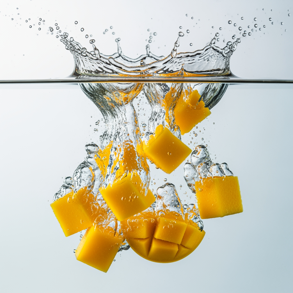 Frozen motion mango splash visual, realistic mango cubes crashing into sparkling water, crystal-clear splash details, DSLR commercial photography, vibrant yellow-orange color tones, realistic shadows and reflections, premium fruit juice advertisement aesthetic