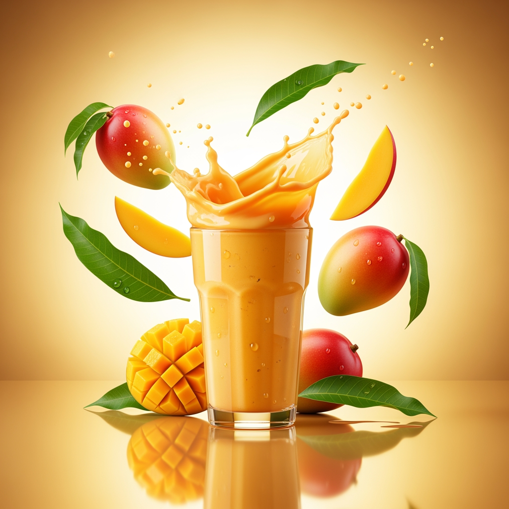 Creative mango smoothie poster, realistic mango shake glass with splash effects, floating mango slices and leaves, rich golden lighting, modern premium advertisement design, minimal clean layout, realistic reflections, commercial food photography style, tropical summer aesthetic, glossy textures, luxury cafe branding vibe
