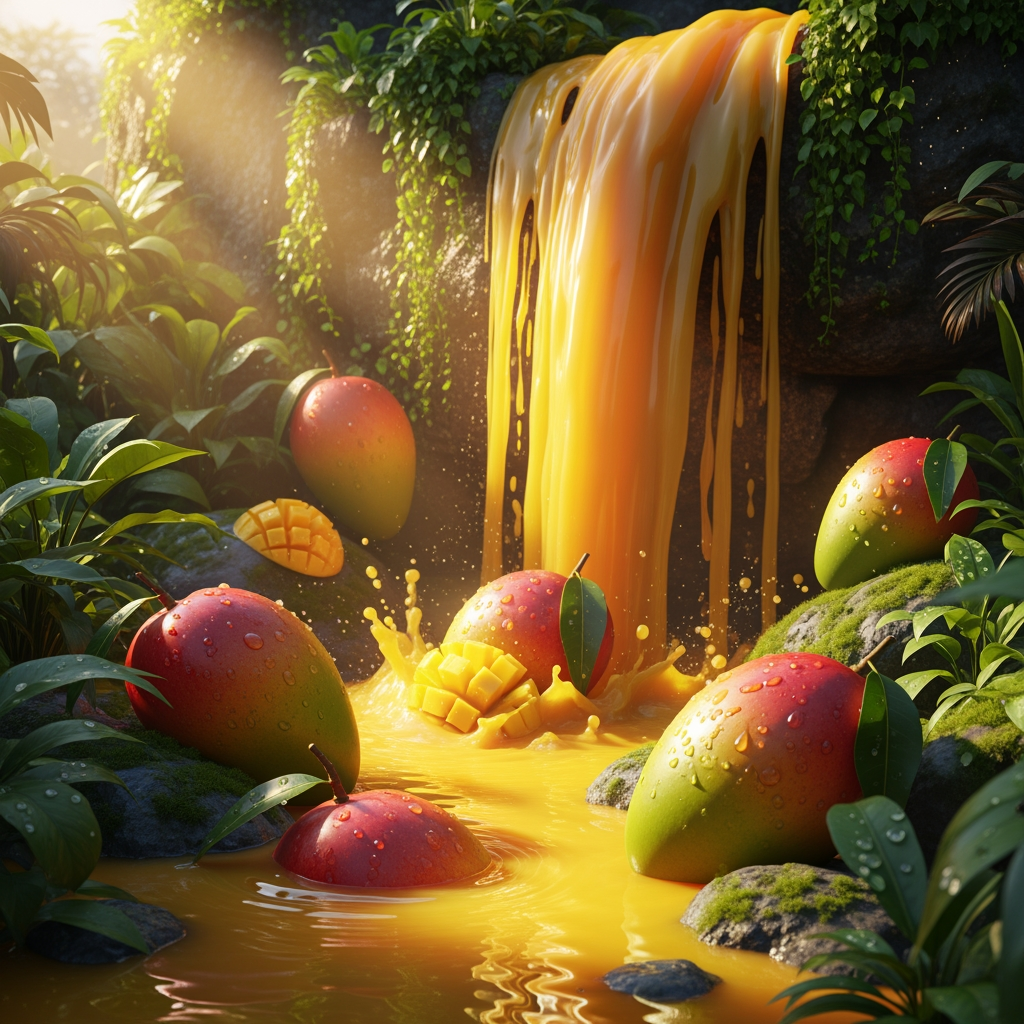 Surreal tropical mango visual, giant flowing mango juice waterfall with realistic mangoes around, cinematic lighting, dreamy luxury advertisement style, ultra detailed fruit texture, premium summer campaign, vibrant tropical atmosphere, realistic shadows and reflections
