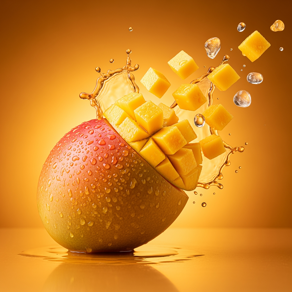 Hyper realistic mango advertisement poster, ultra detailed alphonso mango with tiny natural skin pores and fresh condensation droplets, sliced mango cubes exploding outward in slow motion, rich golden-orange luxury background, cinematic DSLR studio photography, glossy juice splash frozen mid-air, realistic reflections and shadows, tropical premium commercial ad, high-end food photography, depth of field, luxury summer campaign aesthetic