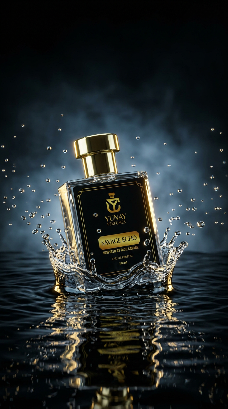 Luxury perfume bottle emerging from dark water, slow motion splash frozen in air, crystal water droplets, gold reflections, black background with soft fog, moody cinematic lighting, sensual luxury ad style, ultra realistic perfume commercial shot, high fashion aesthetic, glowing highlights, depth of field, premium branding look, dramatic atmosphere